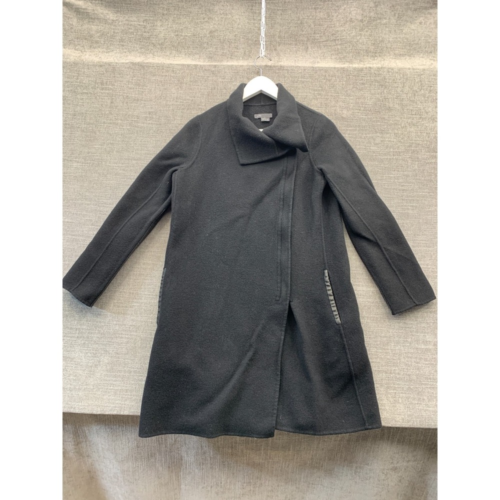 Vince Wool‎ Coat Womens XS Black Asymmetric Front Leather Trim Relaxed Outerwear